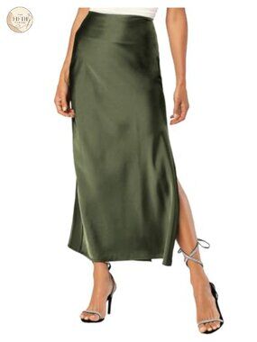 Satin Silk Maxi Slit Skirt High Split Elastic Waist A-Line Flowy Lightweight